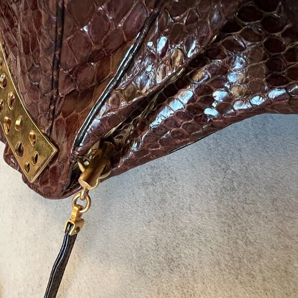 Judith Leiber Python Snake Skin Frame Bag Gold Tone Cutout Hardware Vintage - Picture 10 of 16